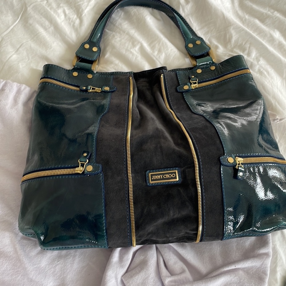 Jimmy Choo Hobo patent and suede Navy/dark Green expandable tote